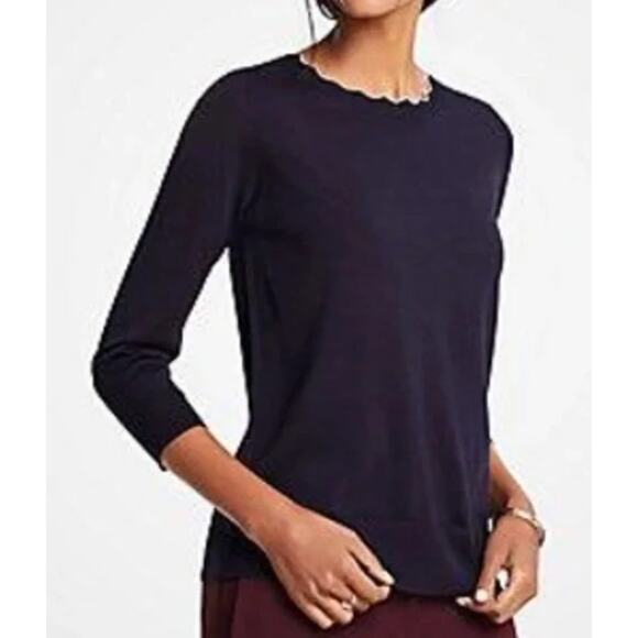 Women's Ann Taylor Tipped Scallop Crew Neck Sweater In Night Sky Quiet Luxury - Picture 1 of 4